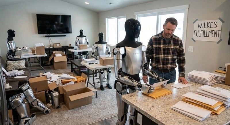 Idaho Man Claims He’s Making Millions Working From Home Using Tesla Robots to Stuff Envelopes