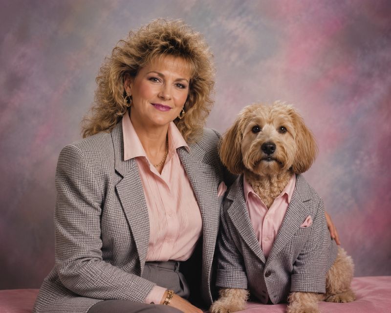 Olan Mills style photo with Mom and Dog in matching suits
