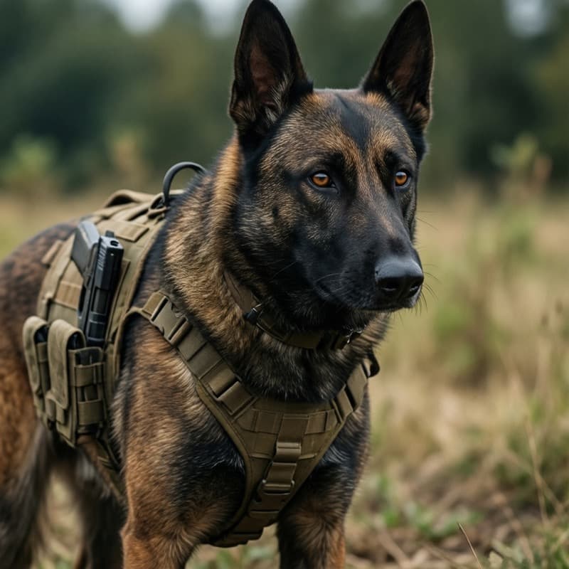 Dog outfitted with tactical gear and handgun